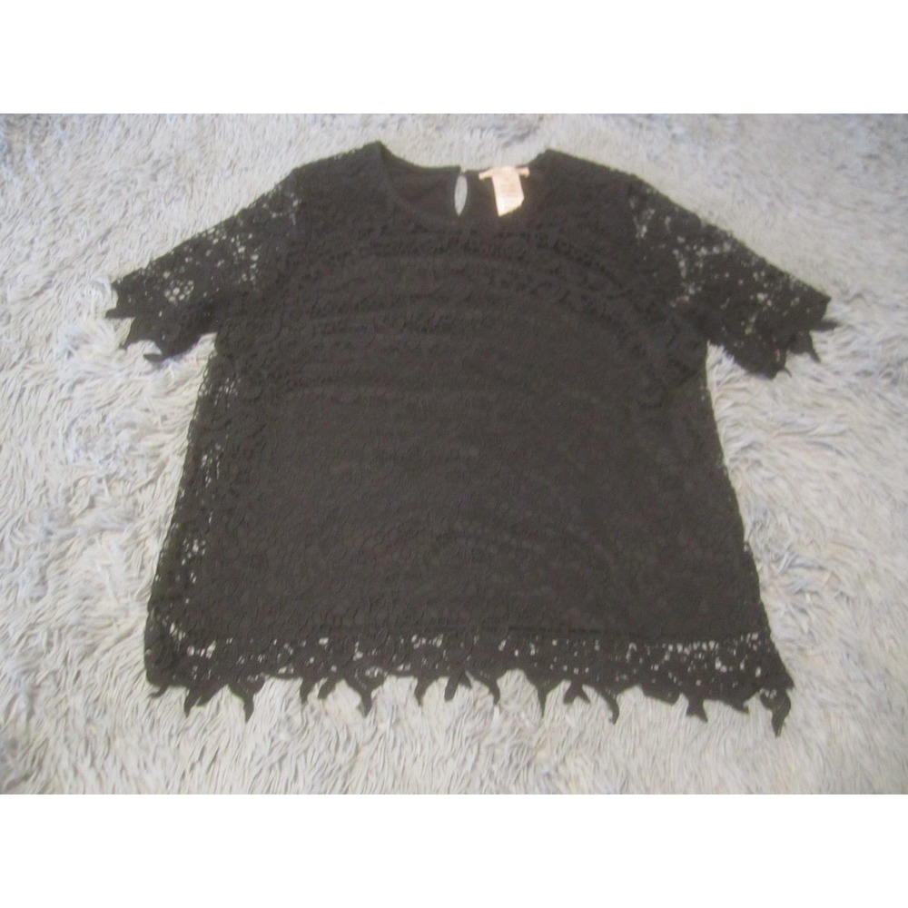 Philosophy Blouse Womens Large Black Lace Short Sleeve Lined Scallop Hem Top